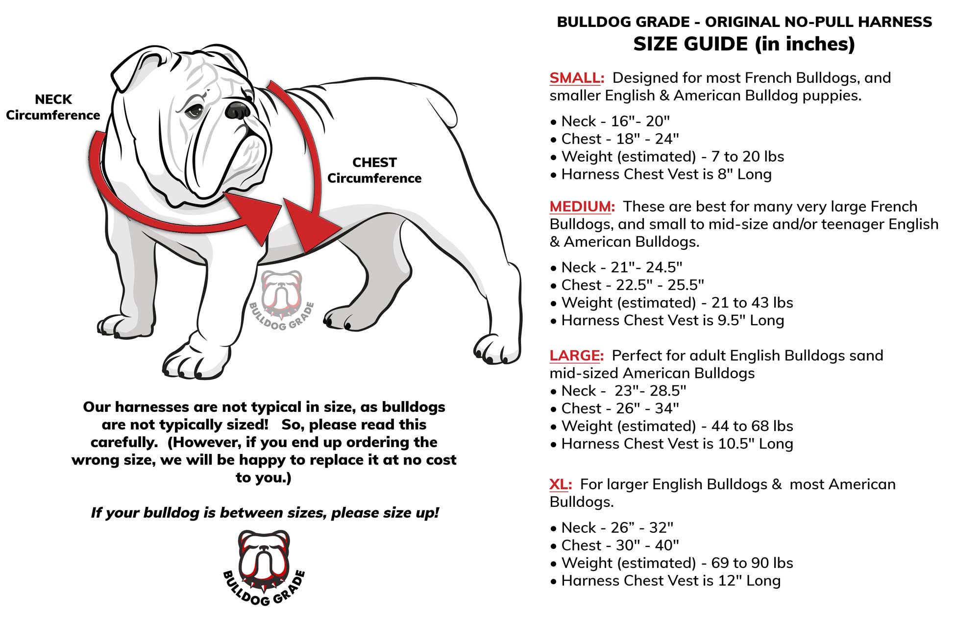 English bulldog harness clearance size