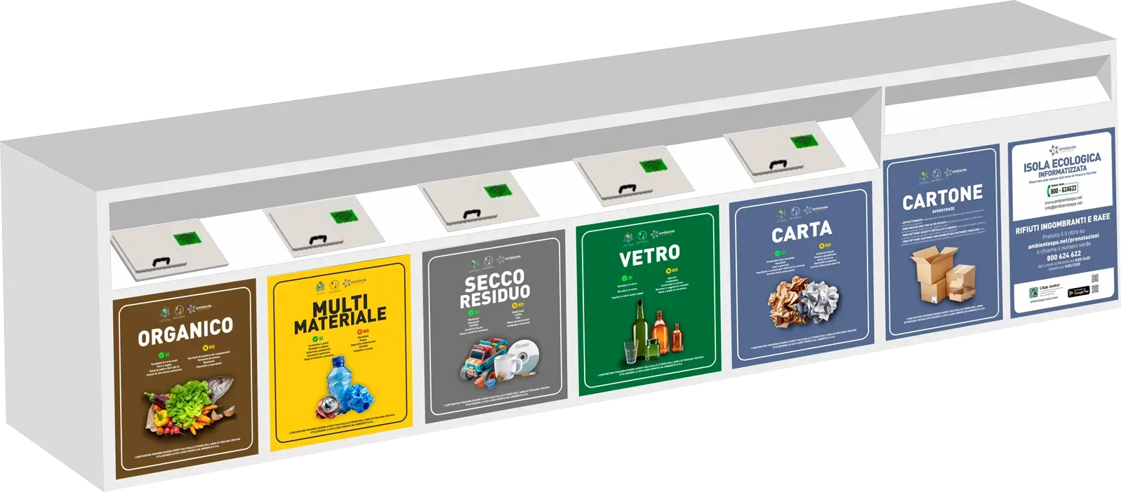 Isola ecologica informatizzata con contenitori per Organico, Multi Materiale, Secco Residuo, Vetro, Carta e Cartone