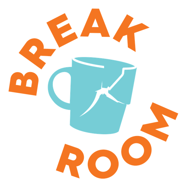 Break Room Logo blue cup with crack next to Break Room text in orange